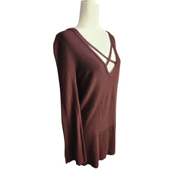 Free People Criss Cross Front Tunic High Low Sweater Size L Brown 14597 - Picture 3 of 9